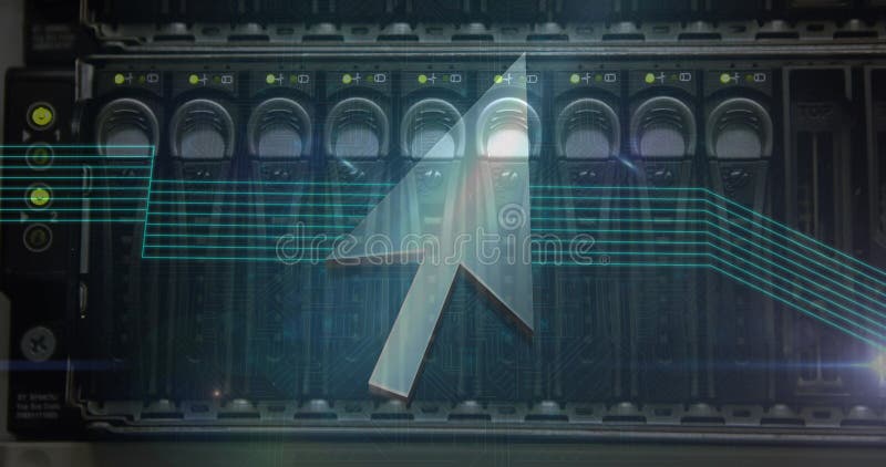 Digital composition of arrow icons and light trails against close-up view of computer server royalty free illustration
