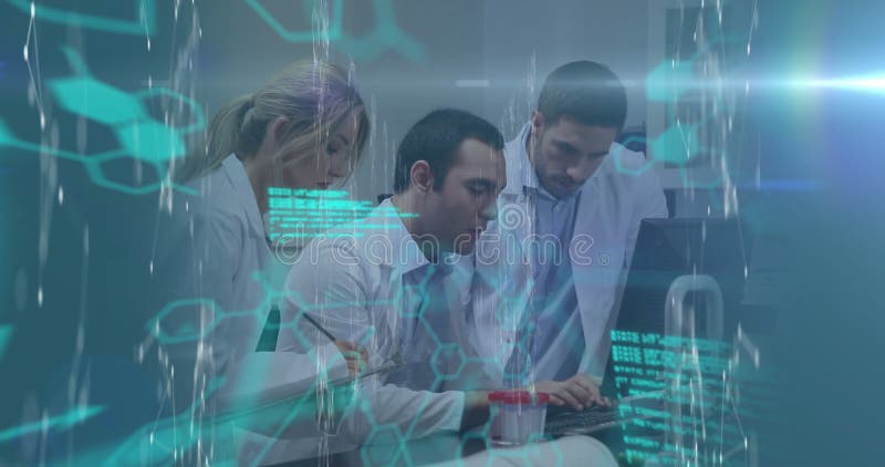 Digital compote image of medical digital interface against team of doctors using computer royalty free stock photo