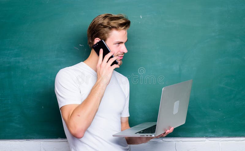 Digital concept. Online communications. Digital technology. Digital sciences. Programming web development. School teacher with laptop. Advantage mobile internet. Handsome man use modern technologies.