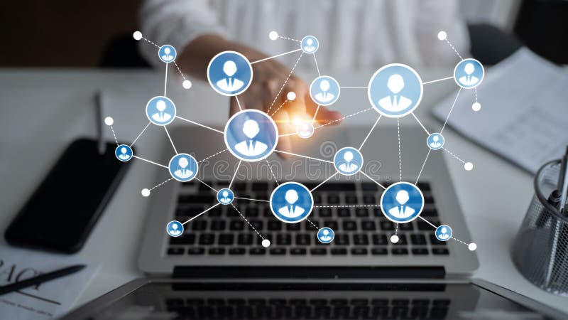 This image depicts digital connections and user profiles over a laptop to illustrate networking and social interaction in a modern workspace setting. Tessel. Networking profiles stock images, royalty-free photos and pictures