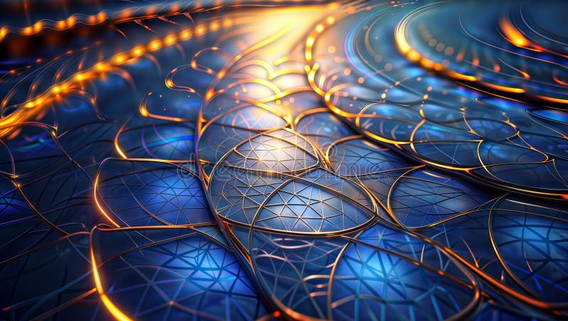 Peisaj tehnic futurist, cu tipare albastre strălucitoare, generative. Conectivitate digitală. rețea abstractă de modele albastre strălucitoare cu linii aurii care creează un peisaj tehnic futurist.