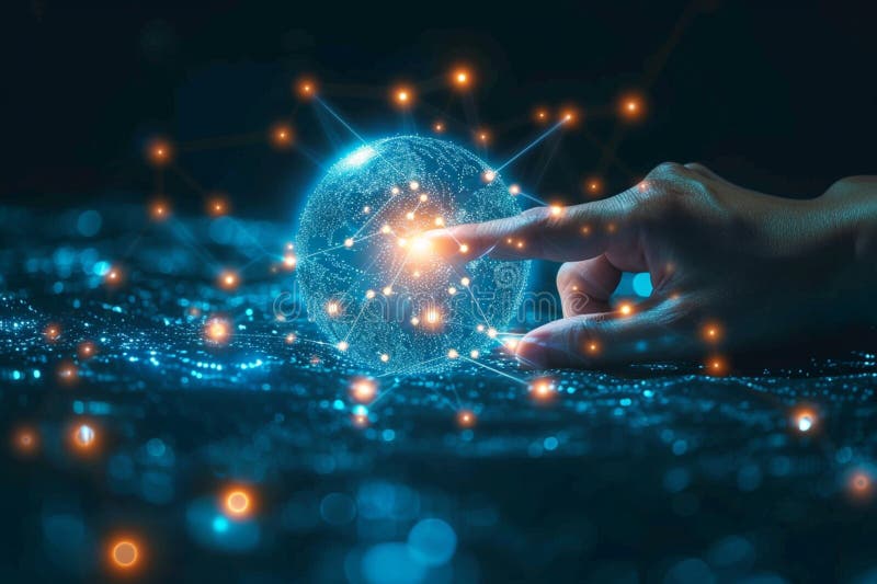 Digital Connectivity Hand Touches a Global Network in 3D Rendering ...