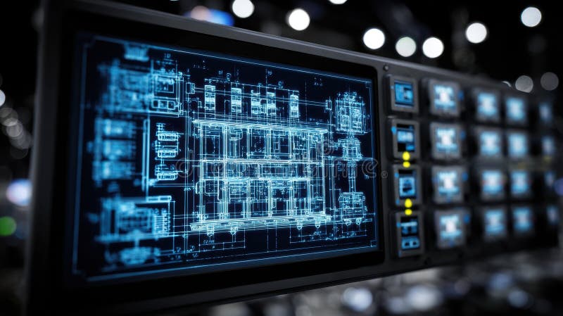 Digital control panel displaying blueprints for modular building integrating advanced technology royalty free stock photo