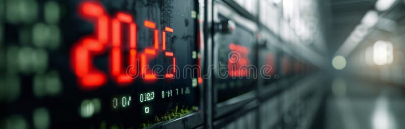 Digital Countdown Displaying 2025 in a High-Tech Control Room stock photo