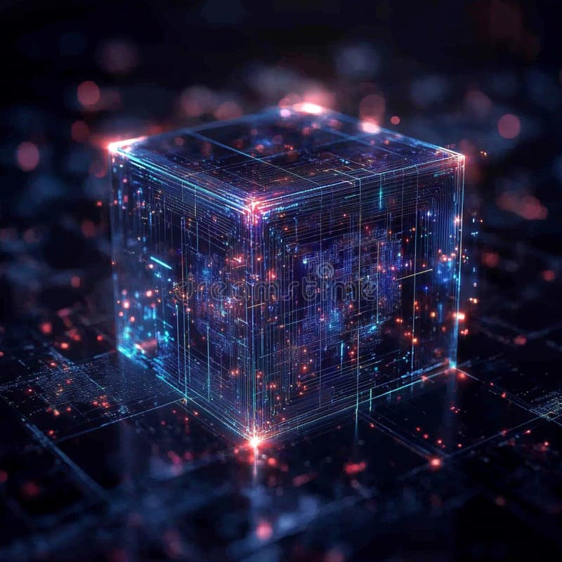 Digital Cube Abstract Technology Network Data Circuitry glowing lines modern futuristic background 3d red blue stock illustration