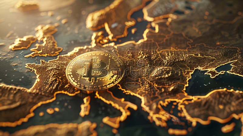 Concept monedă digitală : moneda de aur pe harta europeană stock illustration