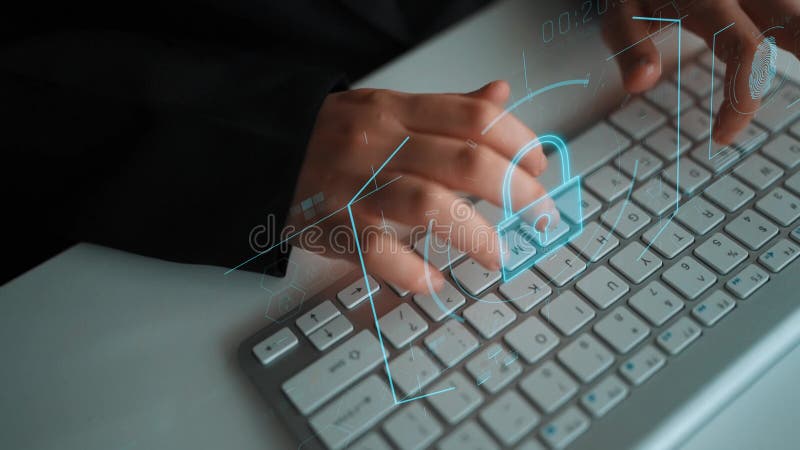 Digital cyber security lock system highlighting data security encryption cyber password protection fingerprint id cloud storage ilustração stock