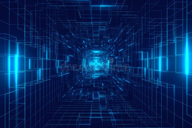 Digital cyberspace, data network tunnel background stock illustration