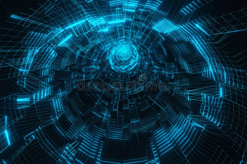 Digital cyberspace, data network tunnel background stock illustration