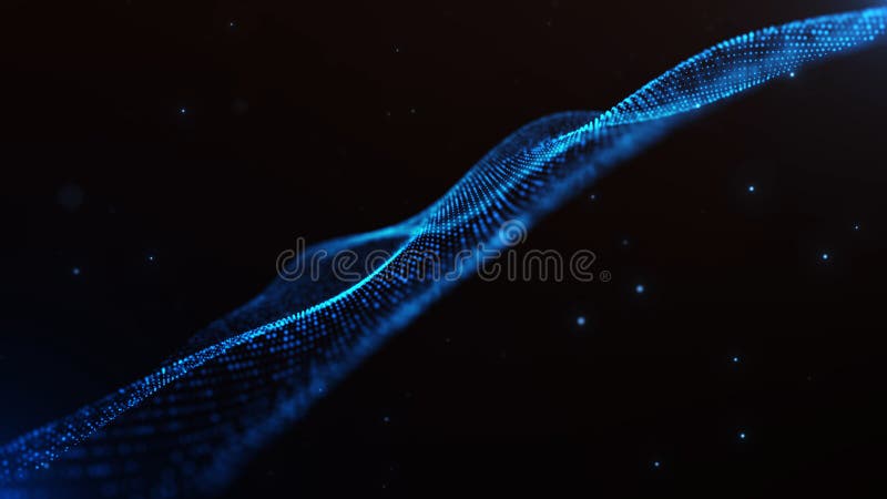 Undă albastră digitală cu energie cibernetică în spațiul virtual, cu lumină albastră, cu particule care circulă cu linii și cu miș stock illustration