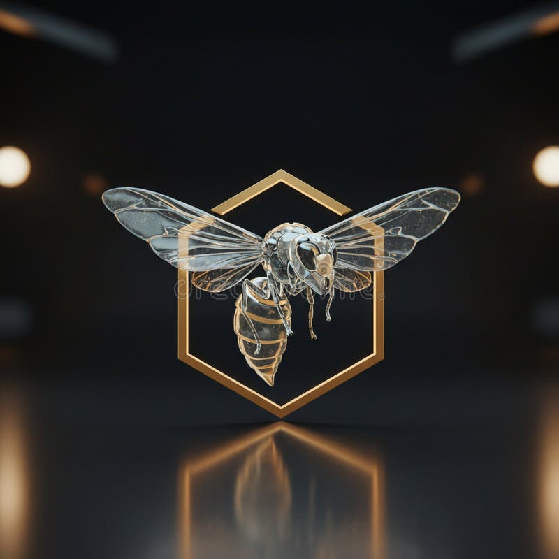 A digital 3D rendering of a transparent bee with detailed wings, hovering inside a royalty free illustration
