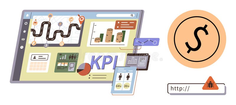 Dashboard with KPI Metrics, Financial Graphs, and Cybersecurity Alert for Website Link stock illustration