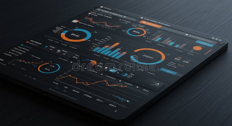 A digital dashboard displaying various data visualizations, including pie charts, bar royalty free illustration