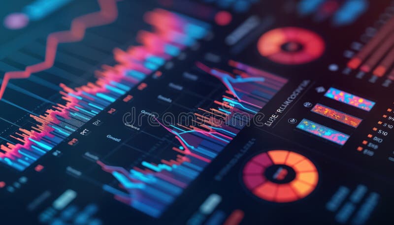 Digital dashboard displays key performance indicators for business analytics, sales. Colorful graphs, charts show financial data. Modern tech interface for financial analysis. Business. AI generated