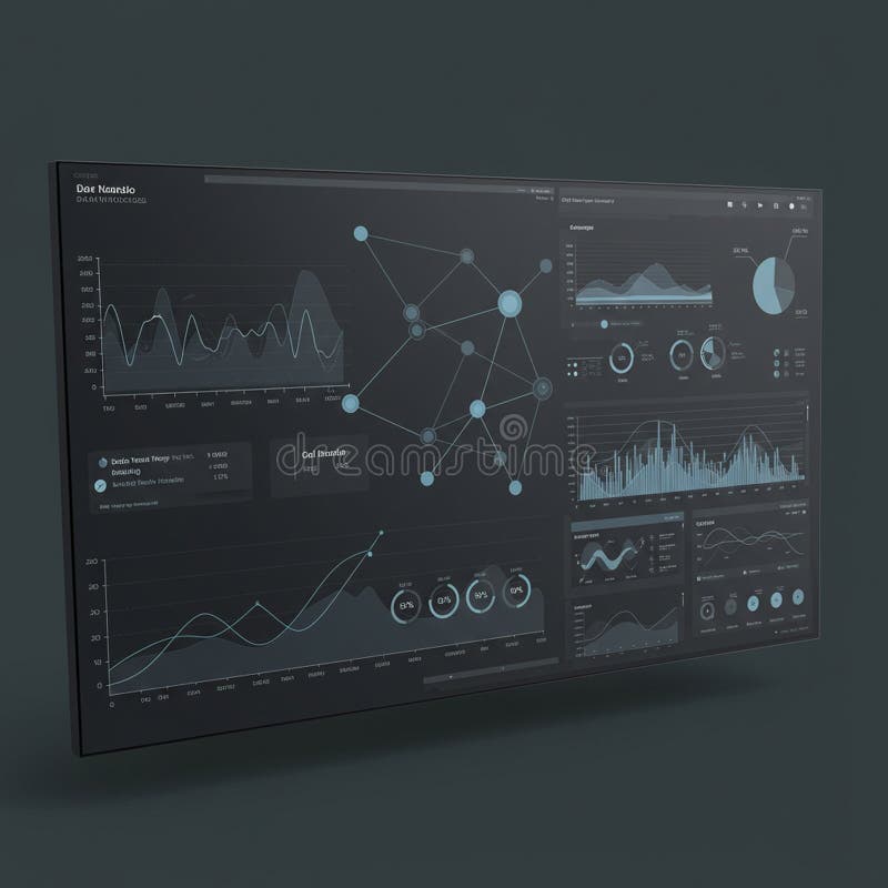 A digital dashboard interface displaying various data visualizations, including line royalty free illustration