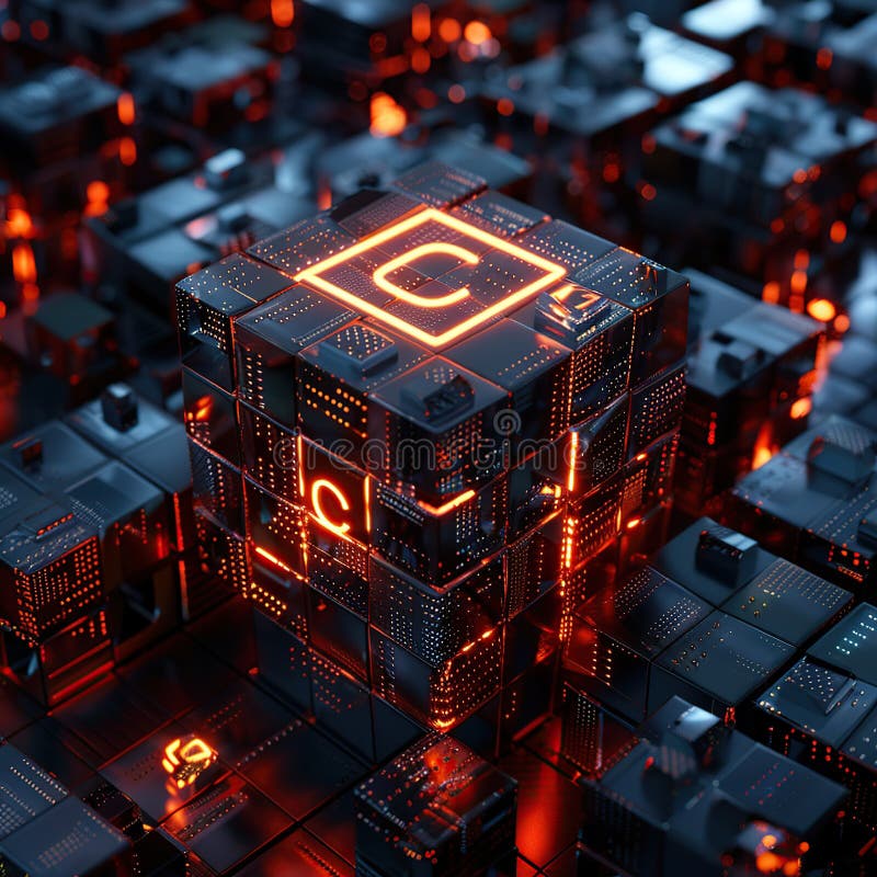Digital data cube with the letters OC on it, symbolizing data and technology stock illustration