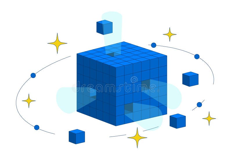 Digital data cube with orbiting blocks and sparkles 2D cartoon object royalty free illustration