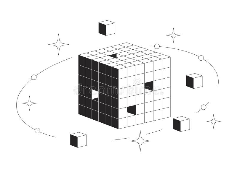 Digital data cube with orbiting blocks and sparkles 2D line object stock illustration
