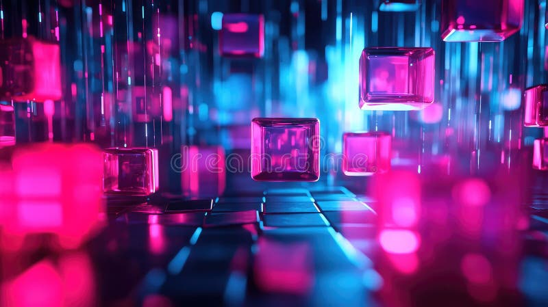 Digital data cubes moving through abstract neon space stock illustration
