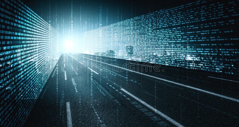 Digital data flow on road with motion blur to create vision of fast speed transfer stock photos