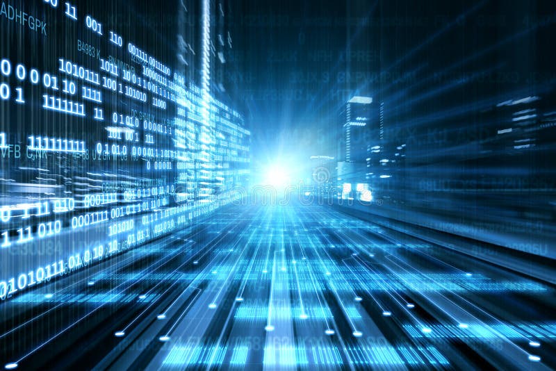 Digital data flow on road with motion blur to create vision of fast speed transfer stock images
