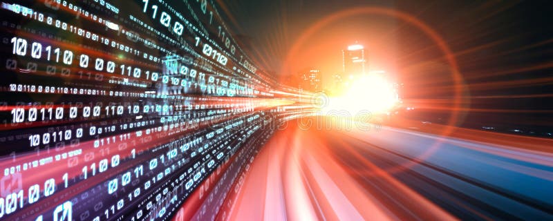 Digital data flow on road with motion blur to create vision of fast speed transfer. Concept of future digital transformation , disruptive innovation and agile business methodology.