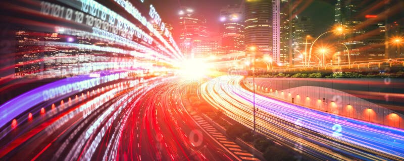 Digital data flow on road with motion blur to create vision of fast speed transfer stock images