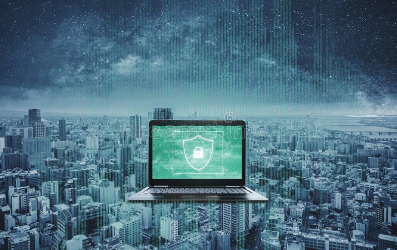Digital data security system and protection on computer laptop. Computer laptop with shielding and safety system on screen royalty free stock image