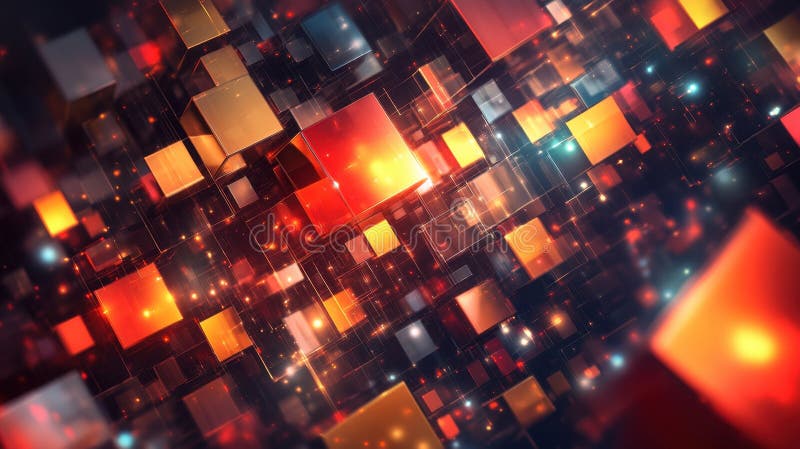Digital Data Stream Abstract Cubes in Red, Gold, and Steel, Suspended in a Network of Light royalty free stock image