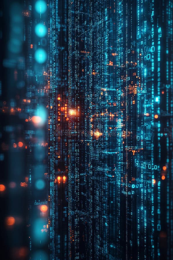 Digital Data Stream Blue Code Rain with Glowing Nodes, Abstract Technology Background vector illustration