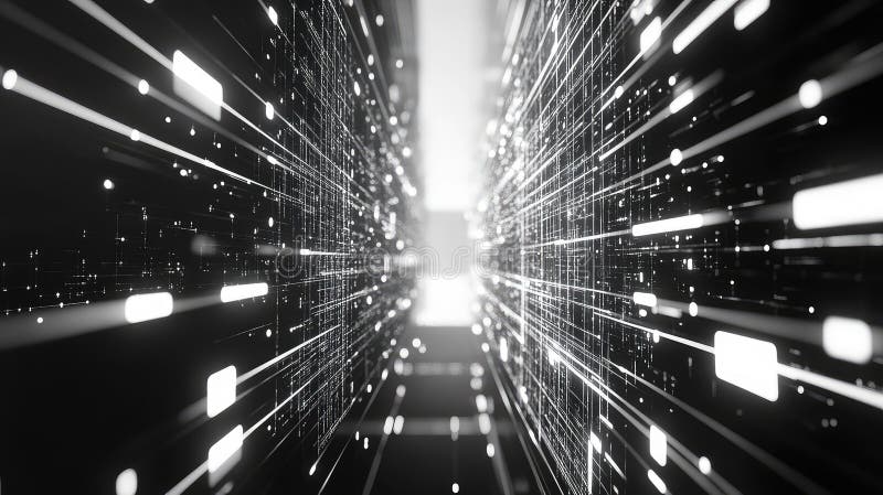 Digital data stream flowing through network grid stock image