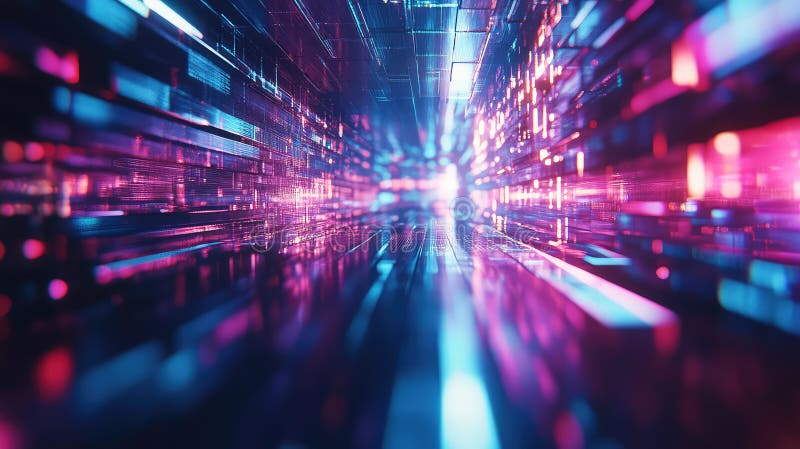 Digital data stream passing through abstract neon tunnel stock illustration