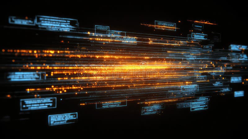 Abstract network of luminous orange and blue data lines transmitting information, illustrating concepts of global communication, high speed internet, cybersecurity, and technological innovation. Blockchain network analysis stock images, royalty-free photos and pictures