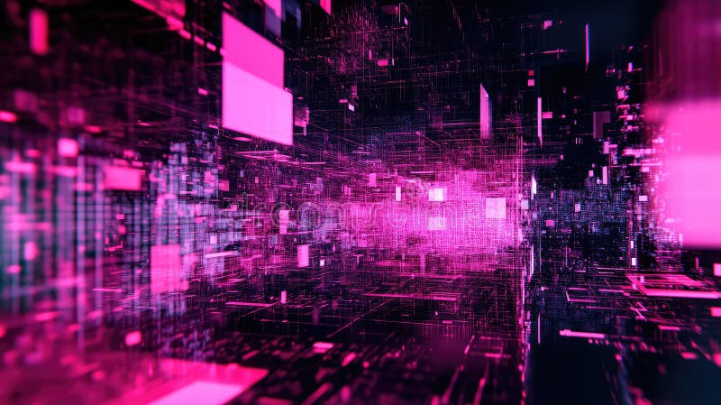 Futuristic cyberspace visualization portraying a complex network of glowing pink circuit lines and abstract data blocks representing technology, big data, and quantum computing. Blockchain network analysis stock images, royalty-free photos and pictures