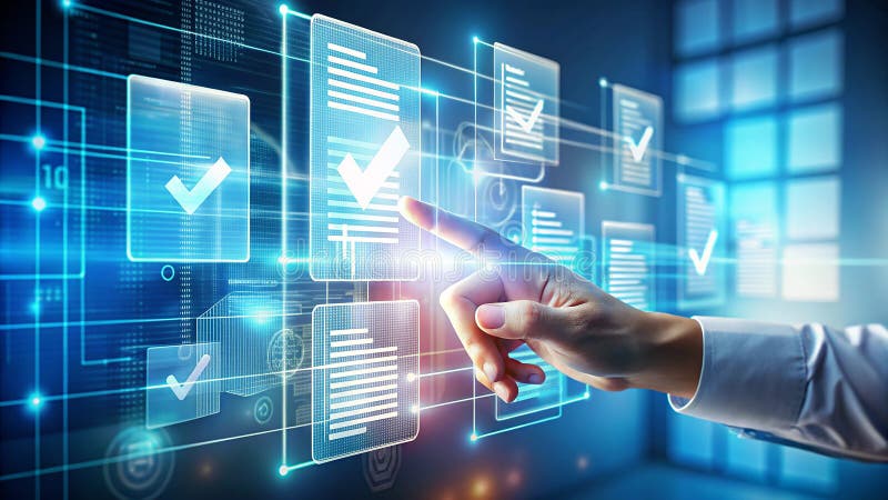 Digital data validation process concept with touch screen interface and checkmark icon interaction royalty free illustration