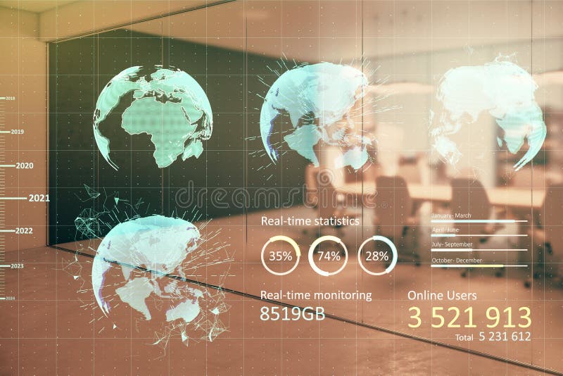 Digital data visualization on transparent screen in modern office environment, highlighting global analytics and real-time stock photography