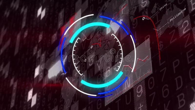Digital data and world map animation with circular progress indicator vector illustration