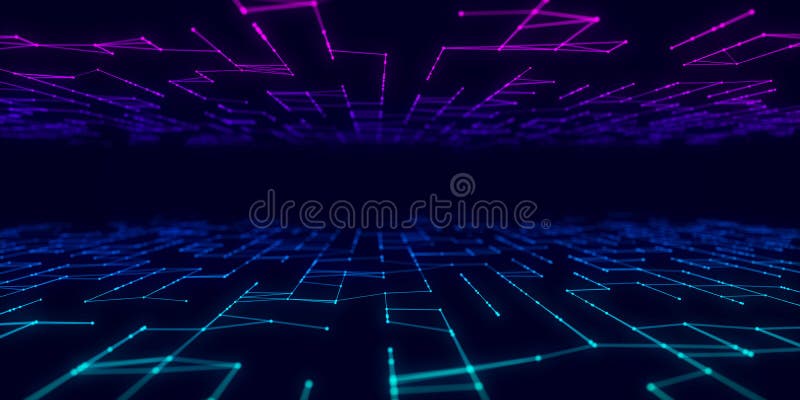 Digital database cyberspace. Decoding algorithms hacked software. Cyber security with moving particles. Big data visualization. 3d royalty free illustration