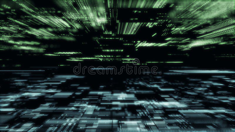 Digital database cyberspace. Decoding algorithms hacked software. Cyber security with moving particles. Big data visualization. 3d vector illustration