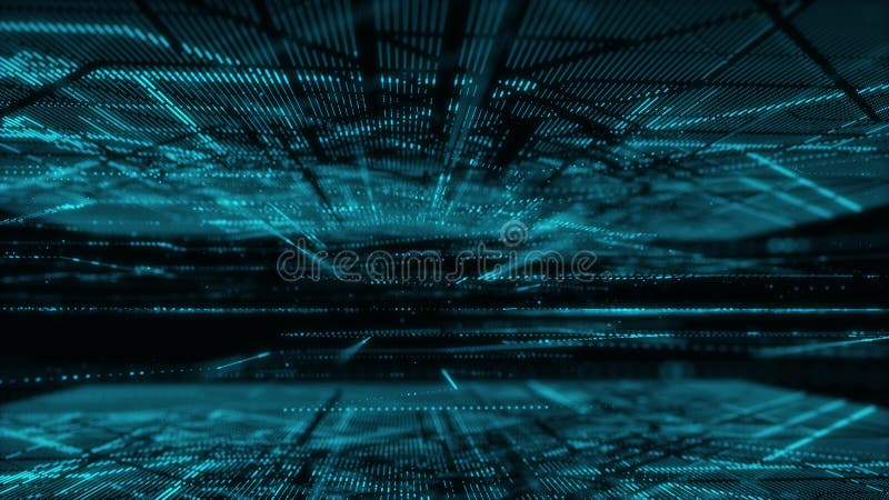 Digital database cyberspace. Decoding algorithms hacked software. Cyber security with moving particles. Big data visualization. 3d stock illustration