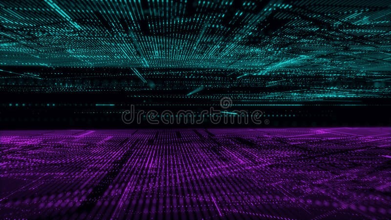 Digital database cyberspace. Decoding algorithms hacked software. Cyber security with moving particles. Big data visualization. 3d royalty free illustration