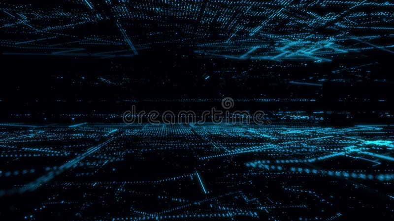 Digital database cyberspace. Decoding algorithms hacked software. Cyber security with moving particles. Big data visualization. 3d royalty free illustration