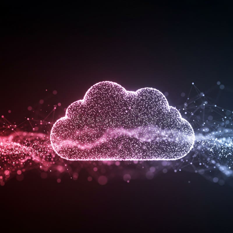 A digital depiction of a cloud shape composed of numerous glowing dots against a dark background royalty free illustration