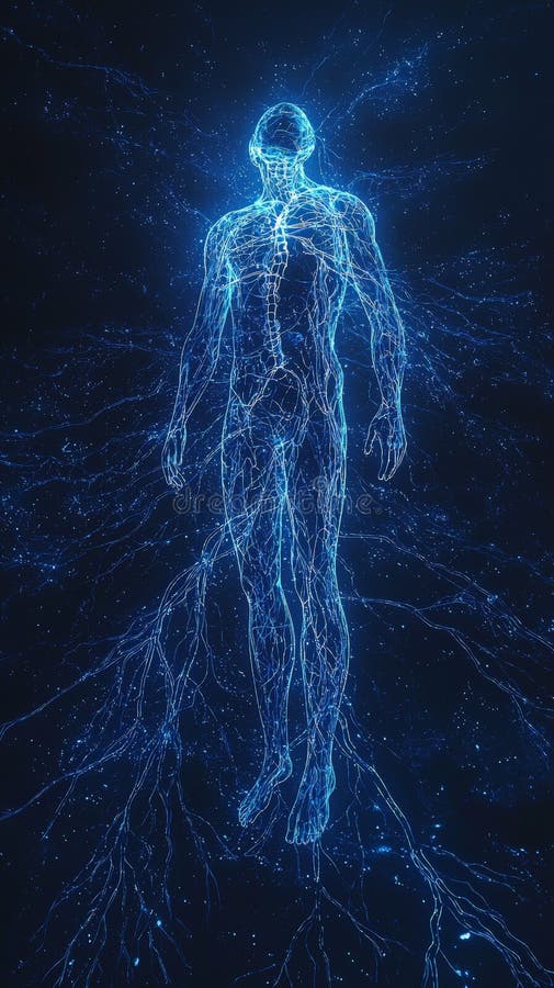 Human neural network representation glowing with blue energy stock images