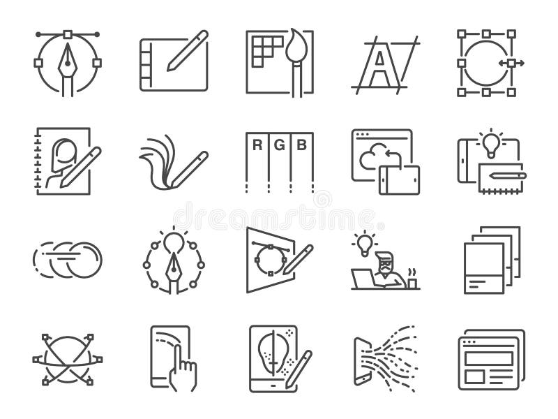 Digital design line icon set. Included icons as graphic designer, layout, tablet, mobile app, web design and more. stock illustration