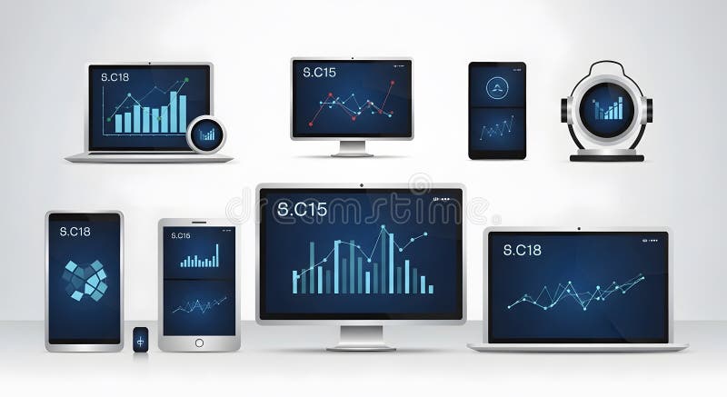 Digital Devices Displaying Financial Charts and Data, Illustrating Technology Trends vector illustration