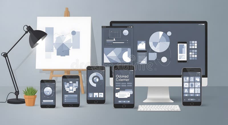 Digital Devices Showcase with Apps and Data Visualization on Screen, Elegant Tech Mockup stock image