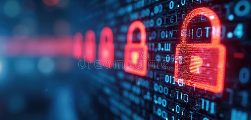 Digital display of binary code with prominent red security lock icons. Illustrates data protection, cyber security, encryption stock illustration