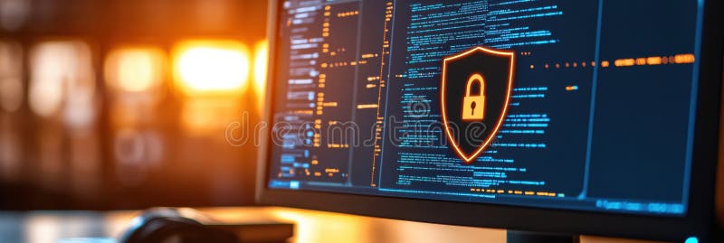A digital display shows a shield and lock icon, representing strong internet security in a contemporary office setting stock photography