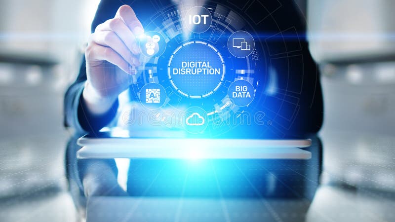 Digital Disruption. Disruptive business ideas. internet of things, network, smart city, big data, cloud, analytics, AI. royalty free stock images